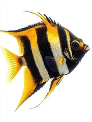 Wall Mural - Elegant angelfish with black and yellow stripes, fully extended fins, isolated on white background, tropical fish, freshwater species