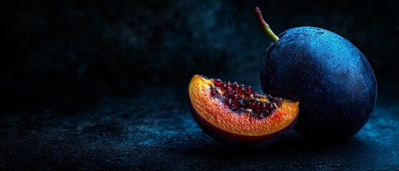 Sticker -  A tight shot of a bitten fruit segment and an intact pomegranate nearby