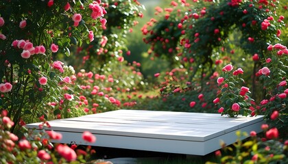 Sticker - Elegant White Platform Amidst Blooming Rose Garden