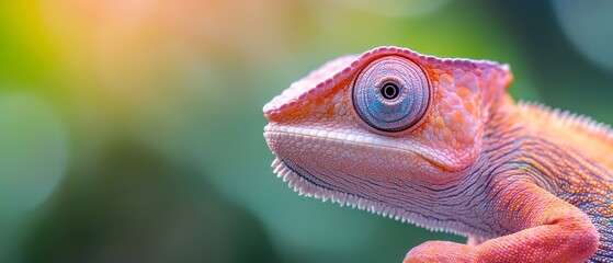 Wall Mural -  A tight shot of a chameleon's face against a hazy backdrop of green and orange