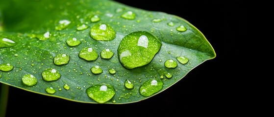 Wall Mural -  Close-up of a green leaf with dewdrops, against a black backdrop