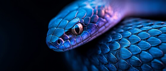 Poster -  A tight shot of a blue snake's head, tongue extended and eyes fully open