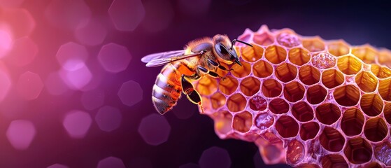 Sticker -  A bee in tight focus on a hive, surrounded by a softly blurred expanse of hexagonal cells