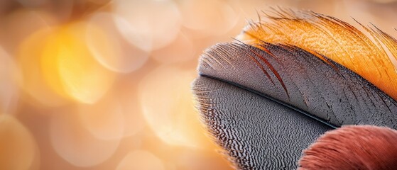 Wall Mural -  A tight shot of a bird feather against a hazy backdrop, featuring a bolt of lights in the distance