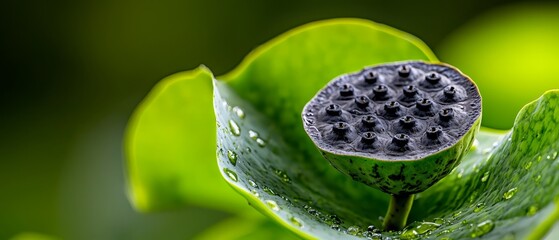 Sticker -  A tight shot of a green leaf, adorned with dewdrops atop, against a softly blurred backdrop