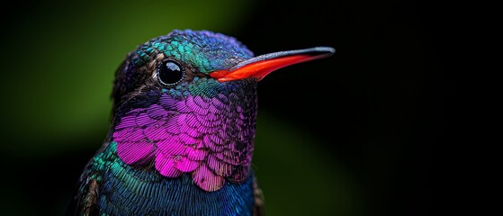 Wall Mural -  A vibrant bird atop a tree branch, adorned with green and pink blooms, against a black backdrop