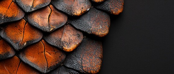 Wall Mural -  A tight shot of a bird's intricate feather pattern against a black backdrop, featuring orange and brown accentuations on the plumage