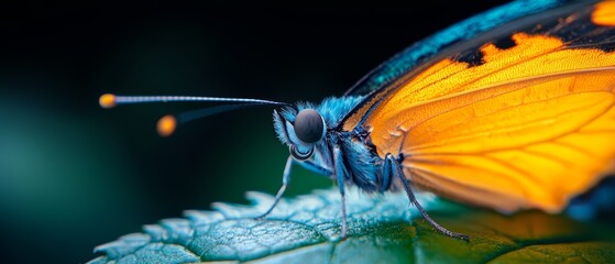 Sticker -  A tight shot of a yellow and blue butterfly perched on a damp green leaf, its wings speckled with water droplets