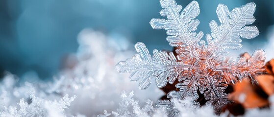 Canvas Print -  A tight shot of a solitary snowflake against a backdrop of nearby snowflakes In the foreground A pine cone resides in the background