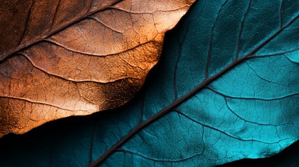 Wall Mural -  A crisp close-up of a green leaf contrasted against a brown one, set against a black and white background Lightly reflecting on the left side, showcasing the