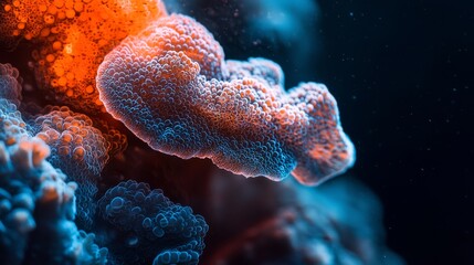 Canvas Print -  Close-up of colorful corals against a blue-orange backdrop, featuring water droplets at coral base