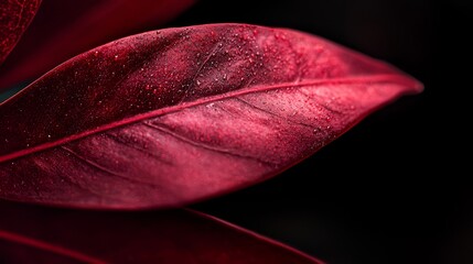 Canvas Print -  A red leaf with water drops at its rear, against a black backdrop