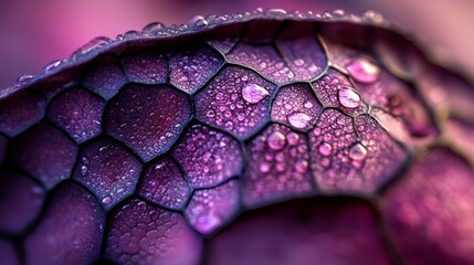 Canvas Print -  A purple flower in tight focus, its petals speckled with water droplets; backdrop pink