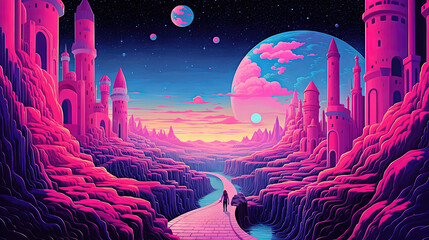 Poster - Fantasy landscape of a sci-fi planet with mountains and a road with mystic sphere