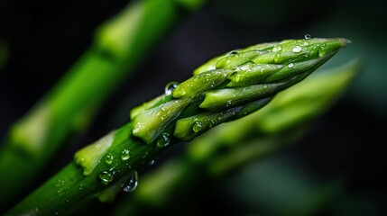 Wall Mural -  A tight shot of several green asparagus spears, adorned with droplets of water at their tips