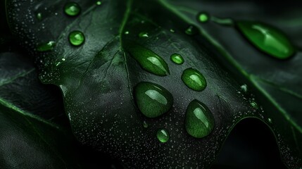 Sticker -  A tight shot of a green leaf dotted with water droplets against a black backdrop