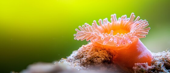 Poster -  A orange-and-white anemone atop a green-and-yellow anemone, both perched on a rock