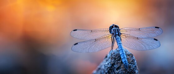 Wall Mural -  A blue dragonfly perches atop a wooden piece against an ambiguous orange and yellow backdrop