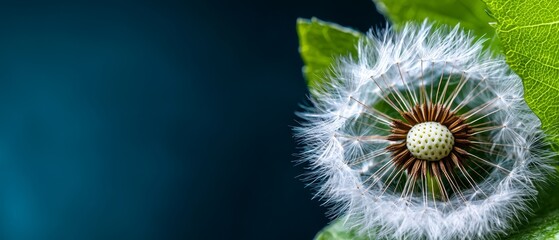 Sticker -  A dandelion with its head atop a green leaf, blanketed in generous amounts of white, fluffy, frothy seeds