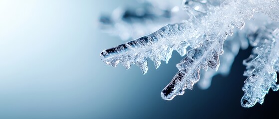 Poster -  A tight shot of an icy tree branch, adorned with crystal formations, under a radiant sun