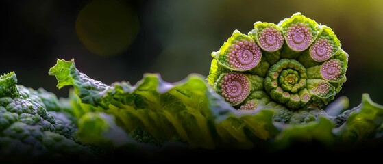 Poster -  A tight shot of a broccoli sprout bearing pink and green blooms at its peak