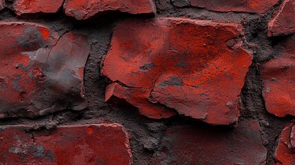 Canvas Print -  A tight shot of a red-painted brick wall, revealing chipped areas where the old bricks peek through under fresh coats of red paint