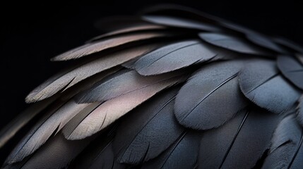 Wall Mural -  A bird's feathers in sharp focus against a black backdrop, softly blurred feather details