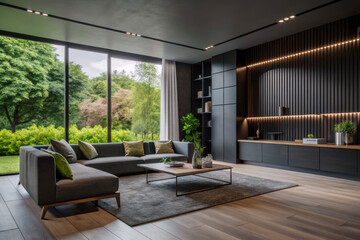 Poster - Modern living room with large windows overlooking a lush garden, showcasing minimalist design and cozy furnishings. Generative AI