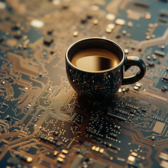 A picture of a cup of coffee sitting on a circuit board! The circuit board is glowing orange. It's like a futuristic cafe.