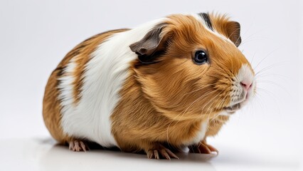 A close-up of a brown and white guinea pig sitting against a white background.