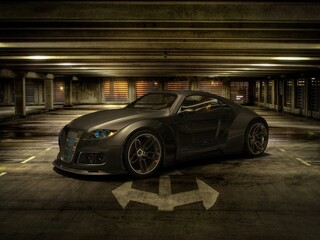 Sleek black sports car parked in an empty, dimly-lit parking garage at night.