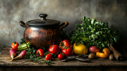 An ultra-sharp, high-definition still life composition featuring fresh vegetables, a weathered pot, and vintage kitchen tools placed on an old wooden table.