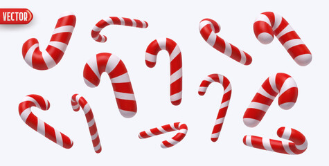 Fototapete - Collection Christmas candy canes in various shapes. Xmas sweets. Set red white striped candy canes in various dynamic positions, realistic 3d design isolated on light background. vector illustration