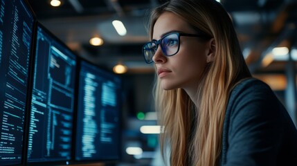 Canvas Print - Woman working on coding project late night