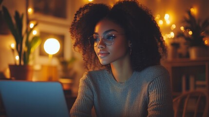 Sticker - Young woman working on laptop in cozy home office