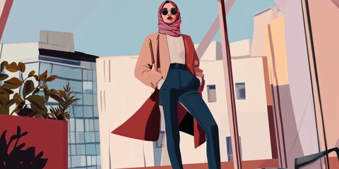 Poster - Chic Urban Fashion: Stylish Model in Hijab and Sunglasses