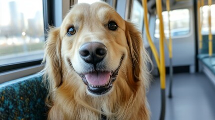 Charming dog eagerly awaits its turn to hop on the public transport for an exciting ride