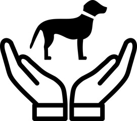 A black silhouette of a dog with a collar being held in two cupped hands.