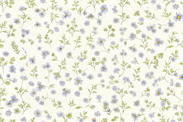 Poster - Delicate blue wildflowers bloom gently across a textured cream background, capturing the essence of springtime beauty and tranquility. Generative AI