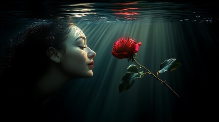 A woman underwater with a single red rose, a ray of light shining through the water.