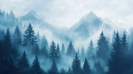 Canvas Print - A Misty Mountain Forest with Silhouetted Pine Trees