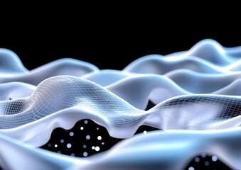 Poster - Science fiction background of glowing particles. Green and black motion graphics micro world. Line and surface grid. 3D rendering.
