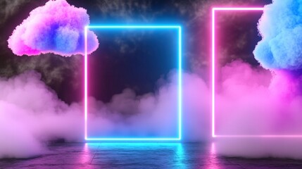Aufkleber - Render showing abstract clouds illuminated by neon lights on dark night skies. Glowing geometric shapes.