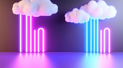 Aufkleber - Render of an abstract cloud illuminated in neon on a dark night sky. Glowing geometric lines of light can be seen.
