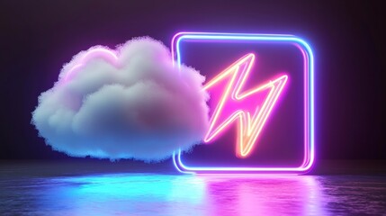 Aufkleber - Abstract 3D rendered sky with clouds and neon lightning sign. Glowing geometric shapes with stormy cumulus in the night sky.