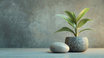 Canvas Print - Serene Nature Composition with Potted Plant and Smooth Stones