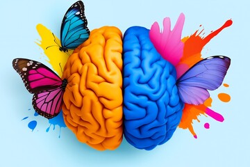 Wall Mural - Colorful brain with butterflies and paint splashes on blue background.