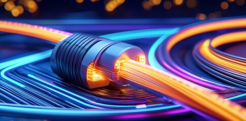 Poster - abstract background of fiber optic lights in blue and orange.