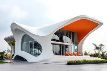 Aufkleber - Contemporary Architecture, a bold, cutting-edge structure with asymmetrical lines and modern materials, white background, single object