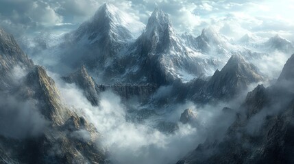 Poster - Majestic Snowy Mountain Range With Misty Valley